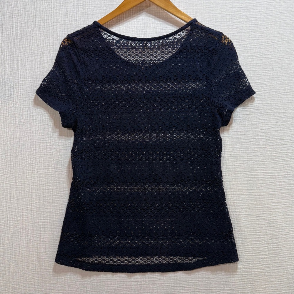 Leo & Nicole Lace Top Womens Small Navy Blue Short Sleeve Scoop Neck Sheer Boho - Picture 2 of 7